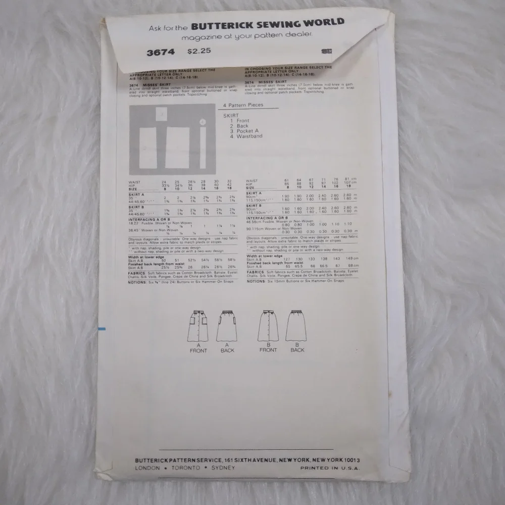 BUTTERICK 3674 SZ 14-18, Misses Button Front Skirt With Waistband And Pockets